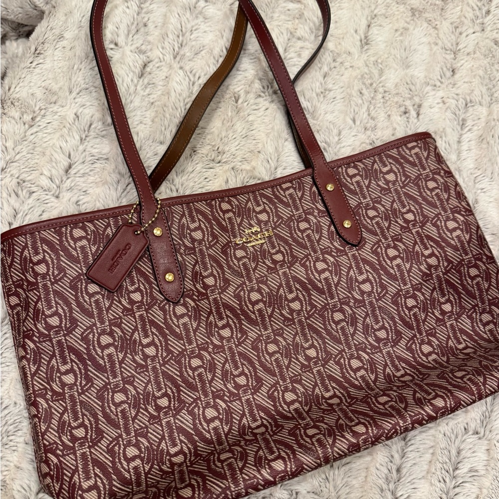 Coach Burgundy and Cream Signature Tote